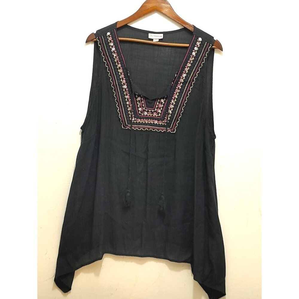 Womens Lagenlook Embroidered Hippie Boho Tunic Top Black Size 3X